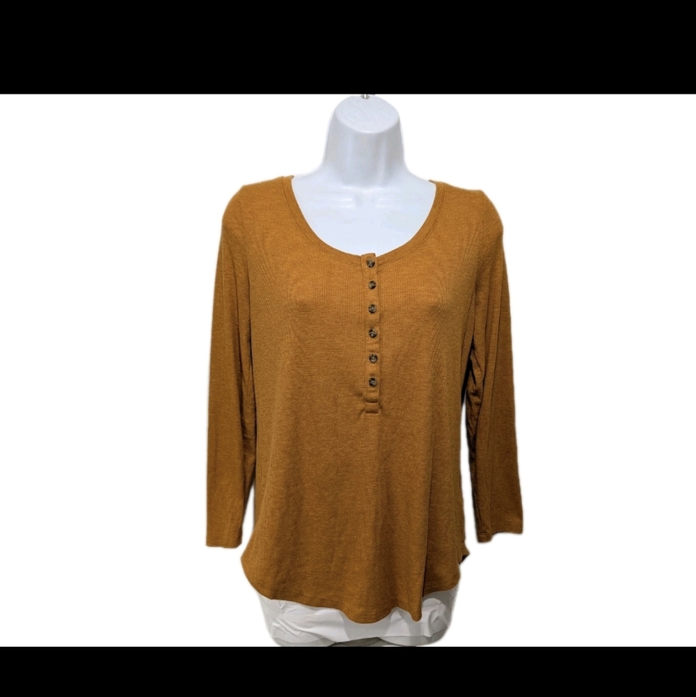 Old Navy Waffle Knit Henley Top Long Sleeve L Thermal Brown Gold Outdoor Base La